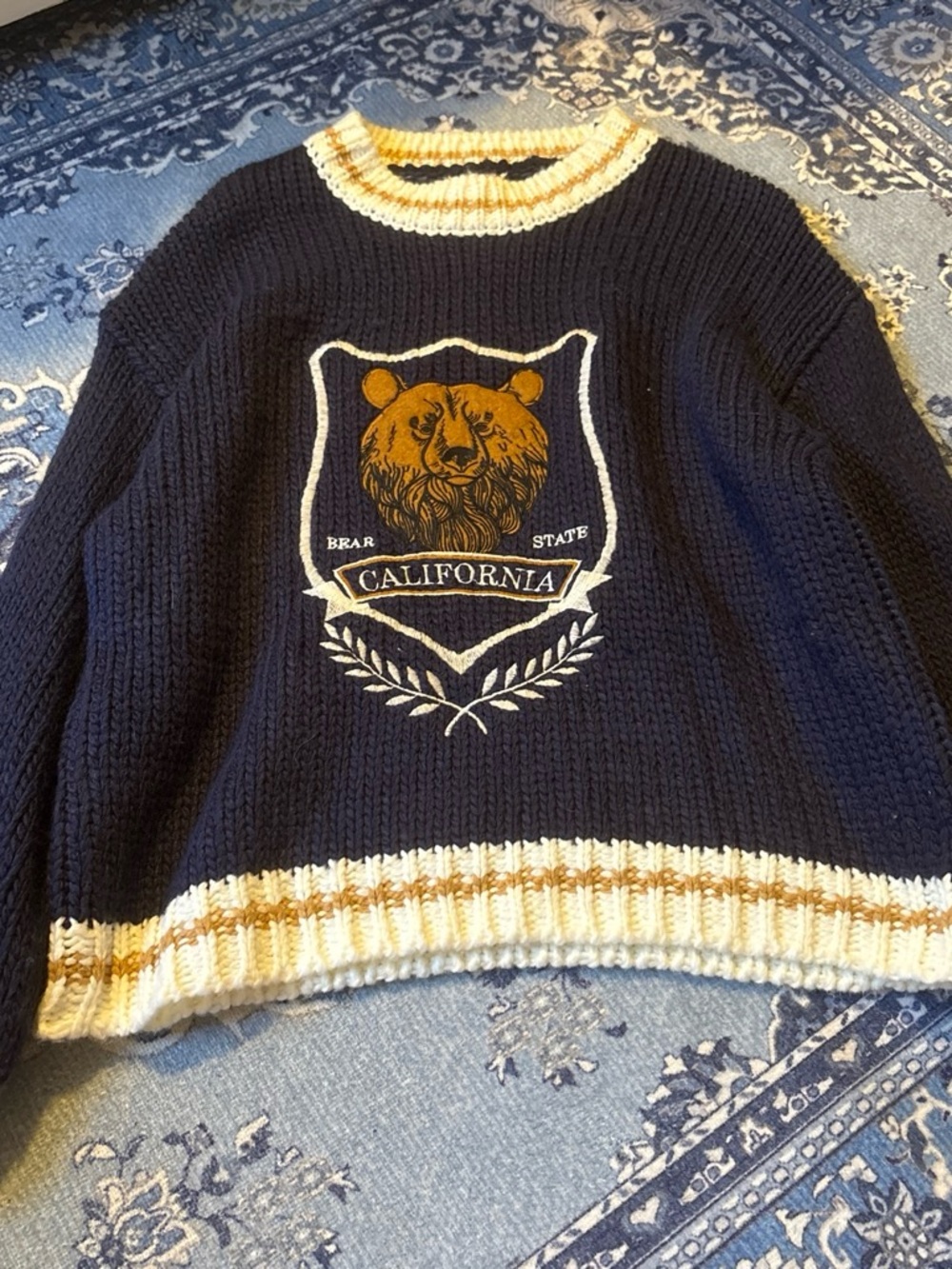 California Bear Crest Knit Sweater - Navy & Mustard
